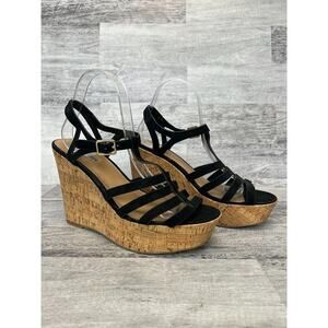 Steve Madden Womens Black Suede Strappy Cork Wedge Sandals Size 9.5M